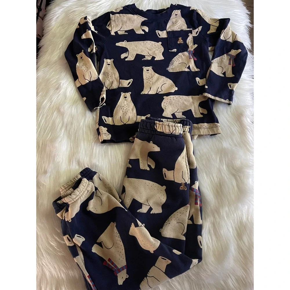 Gap Baby Boy's Navy Blue Cream Polar Bear Long Sleeve Top & Jogger Set Size 6